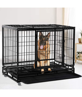 Dog Cage Crate Heavy Duty Sturdy Metal 48/42/36 Large Pet Dog Kennel Fence for Training, Indoor and Outdoor Dog Fence with Lockable Wheels and Plastic Tray and Double Door and Lock Design,Black