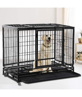 Dog Cage Crate Heavy Duty Sturdy Metal 48/36 Large Pet Dog Kennel Fence for Training, Indoor and Outdoor Dog Fence with Lockable Wheels and Plastic Tray and Double Door Lock Design,Black