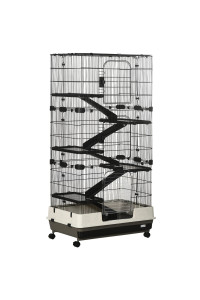 PawHut 59.5 Small Animal Cage with Wheels, 6-Level Portable Bunny Cage, Chinchilla Ferret Cage with Removable Tray, Platform and Ramp
