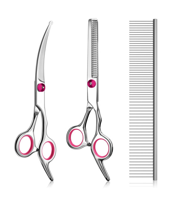 Petsvv 3 pack Dog Grooming Scissors with Safety Round Tip, Perfect Stainless Steel Up-Curved Grooming Scissors Thinning Cutting Shears with Pet Grooming Comb for Dogs and Cats