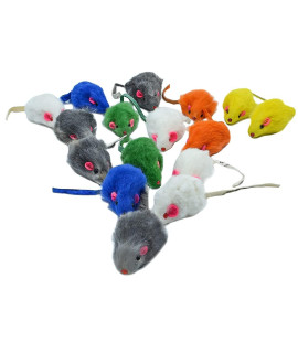 Famgee 20 PCS Furry Squeak Mouse Rattle Mice Real Rabbit Fur Interactive Catch Play Catcher Pet Cat Toys (Random Color)