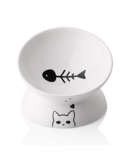 Sweejar Ceramic Raised Cat Bowls, Slanted Cat Dish Food or Water Bowls, Elevated Porcelain Pet Feeder Bowl Protect Cat's Spine, Stress Free, Backflow Prevention (White)
