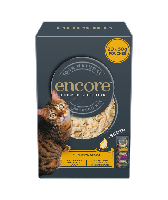 Encore 100% Natural Wet cat Food,Multipack chicken Selection in Broth Pouch, 4X 5X 50g (Total 20 Pouches)