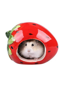 Hamster Hideout Ceramic Adorable Cartoon Shape Hamster House Chinchilla Mini Hut Small Animal Hideout Cave Cage Accessories (Strawberry)