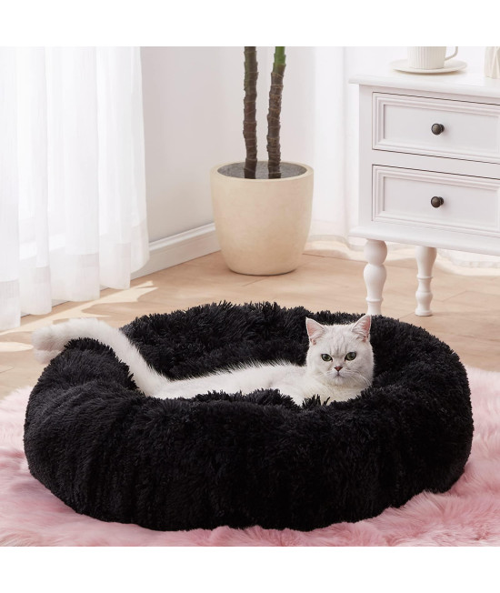 SunStyle Home Soft Plush Round Pet Bed for Cats Or Small Dogs Cat Bed Self Warming Autumn Winter Indoor Sleeping Cozy Pet Bed for Small Dogs and Cats Donut Anti Slip Bottom (S(20x20), Black)