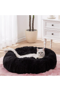 SunStyle Home Soft Plush Round Pet Bed for Cats Or Small Dogs Cat Bed Self Warming Autumn Winter Indoor Sleeping Cozy Pet Bed for Small Dogs and Cats Donut Anti Slip Bottom (L(27x27), Black)