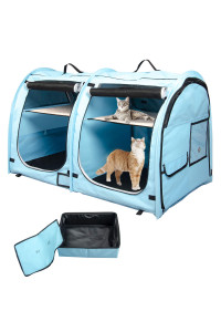 Mispace Portable Twin Compartment Show House Cat Cage/Condo - Easy to Fold & Carry Kennel - Comfy Puppy Home & Dog Travel Crate with Portable Carry Bag/Two Hammocks/Mats and Collapsible Litter Box