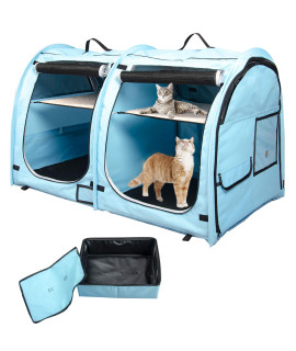 Mispace Portable Twin Compartment Show House Cat Cage/Condo - Easy to Fold & Carry Kennel - Comfy Puppy Home & Dog Travel Crate with Portable Carry Bag/Two Hammocks/Mats and Collapsible Litter Box