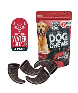 Water Buffalo Horn Dog Chew 4 Pack - Small 4 - All Natural Free Range Grass Fed Single Source Protein - No Chemicals, Additives, Hormones - Long Lasting, Good for Aggressive Chewers - by Fang & Claw