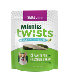 Minties Dental Twists for Dogs, Vet-Recommended Vanilla-Flavored Dental Chews for Tiny/Small Dogs 5-39 lbs, Dental Treats Clean Teeth, Fight Bad Breath, and Removes Plaque and Tartar, 12oz