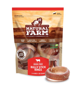 Natural Farm Odor Free Bully Sticks Ring Shaped (3-4 Inch, 10 Pack) - 100% Beef Chews for More Engagement & Fun, Grass-Fed, Non-GMO, Fully Digestible - Best for Small & Medium Chewers