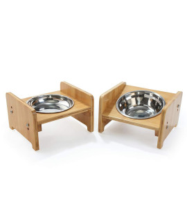 FOREYY Set of 2 Raised Pet Bowls for Cats and Small Dogs - Bamboo Tilted Single Elevated Dog Cat Food and Water Bowls Stand Feeder with 3 Stainless Steel Bowls and Anti Slip Feet for Comfort Feeding