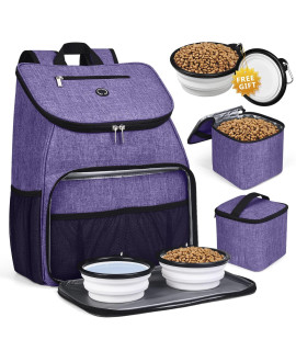 BAGLHER?Dog Travel Bag,Airline Approved Pet Supplies Backpack,Dog Travel Backpack Accessories Set with 2 Silicone Collapsible Bowls and 2 Food Baskets. Purple