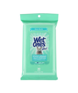 Wet Ones for Pets Hypoallergenic Multi-Purpose Wipes for Cats Extra Gentle Fragrance-Free Cat Grooming Wipes with Vitamins A, C, & E, Wipes with Wet Lock Seal 30 Count Pouch Cat Wipes