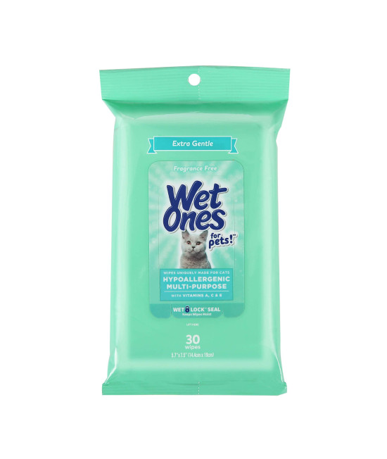 Wet Ones for Pets Hypoallergenic Multi-Purpose Wipes for Cats Extra Gentle Fragrance-Free Cat Grooming Wipes with Vitamins A, C, & E, Wipes with Wet Lock Seal 30 Count Pouch Cat Wipes