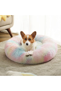 Western Home Faux Fur Dog Bed & cat Bed, Original calming Dog Bed for Small Medium Large Pets, Anti Anxiety Donut cuddler Round Warm Washable cat Bed for Indoor cats(20, Rainbow)