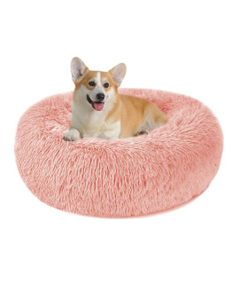 Pink Dog Bed for Medium Small Dogs - 27.6 Inch Calming Fluffy Donut Round Pet Bed for Indoor Cats, Washable Anti Anxiety Plush Cuddler Cute Puppy Cushion Bed