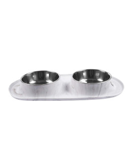 Messy Mutts Double Silicone Feeder with Stainless Bowls Non-Skid Food Dishes for Dogs for All Pets Dog Food Bowls Large 3 cups Per Bowl Marble