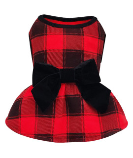 KYEESE Christmas Dog Dress for Small Dogs Red Buffalo Check Dog Dresses with Bowtie Pullover Dog Dress