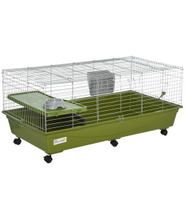 PawHut 47 Small Animal Cage with Wheels, 2-Level Portable Bunny Cage with Openable Top, Guinea Pig Cage, Chinchilla Ferret House with Food Dish and Water Bottle, Platform and Ramp