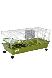 PawHut 35 L Small Animal Cage, Rolling Bunny Cage, Guinea Pig Cage with Food Dish, Water Bottle, Hay Feeder, Platform, Ramp for Ferret Chinchilla, Green