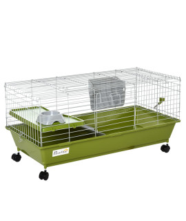 PawHut 35 L Small Animal Cage, Rolling Bunny Cage, Guinea Pig Cage with Food Dish, Water Bottle, Hay Feeder, Platform, Ramp for Ferret Chinchilla, Green