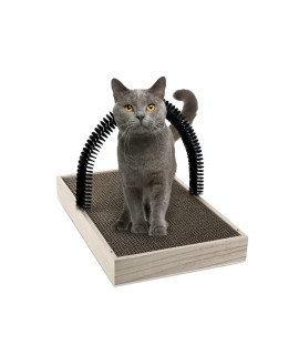 Pet Fur Grooming Cat Scratch Pad with Wooden Tray and Cats Self Groomer Massager Scratcher Toy Brush,Cat Posts and Scratchers for Indoor Cats