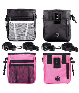 STMK 2 Pack Dog Treat Pouch, Dog Training Treat Pouch with Waist Shoulder Strap, 3 Ways to Wear, Easily Carries Toys, Kibble, Treats for Dog Walking, Dog Training, Puppy Training (Black and Pink)