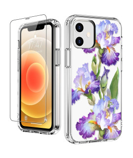 LUHOURI for iPhone 12 Mini case with Screen Protector,Fleur-de-LYS Floral Flower Designs on clear Bumper cover for Women girls,Shockproof Slim Fit Protective Phone case for iPhone 12 Mini 54
