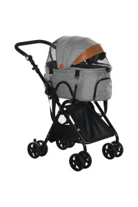 PawHut 2 in1 Foldable Pet Stroller and Detachable Travel Carriage with Lockable Wheels, Adjustable Handlebar Canopy and Zippered Mesh Window Grey