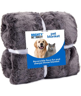 MIgHTY MONKEY PetABlanket 60x70 Soft Reversible Sherpa cat and DogABlanket Machine Washable Plush Warm and cozy Faux Fur Throw Puppy Bed cover for crates couch car Jumbo Size Fluffy gray