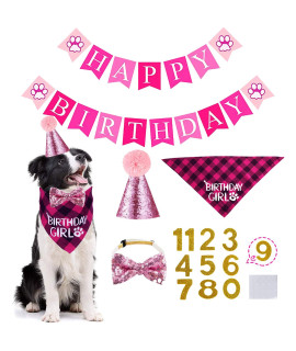 STMK Dog Birthday Bandana, Dog Birthday Party Set, Dog Birthday Girl Bandana Triangle Scarf with Cute Dog Birthday Number Hat Bowtie Dog Birthday Banner for Dog Birthday Party Supplies (Pink)