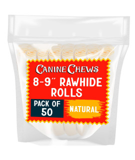 Canine Chews 8-9 Extra Thick Long Lasting Rawhide Retriever Rolls for Large Dogs Aggressive Chewers with Savory Beef Taste (50 Pack)