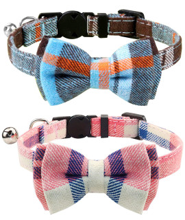 Joytale Upgraded Cat Collar with Bells, Breakaway Cat Collars with Bow Tie, 2 Pack Girl Boy Safety Plaid Kitten Collars, Haze Blue+Pink