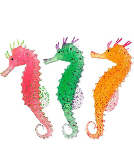 3PCS Artificial Sea Horse Aquarium Decoration Set, Vivid Silicone Floating Decor Ornaments with Glowing Effect,Simulation Animal Underwater Saltwater Fake Colorful Sea Horse for Fish Tank Bowl