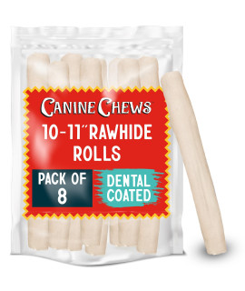 Canine Chews 10-11 Dental Coated Jumbo Rawhide Retriever Rolls (8 Pack) - Breath Freshening & Long Lasting Dental Chews for Dogs Large Size - Teeth Cleaning Dog Treats for Aggressive Chewers
