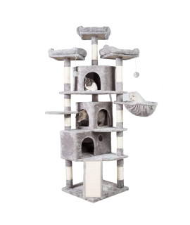 Hey-brother XL Size Cat Tree, 73.4 inch Cat Tower with 3 Caves, 3 Cozy Perches, Scratching Posts, Board, Activity Center Stable for Kitten/Big Cat, Light Gray MPJ032W