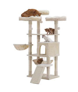 Hey-brother Multi-Level Cat Tree, Large Cat Tower with Bigger Hammock, 3 Cozy Perches, Scratching Posts, Stable for Kitten/Gig Cat Beige MPJ0026M