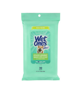 Wet Ones for Pets Extra Gentle Hypoallergenic Dog Wipes with Witch Hazel for Snout, Eye, Ear Fragrance-Free for All Dogs with Wet Lock Seal 30 Ct Pouch