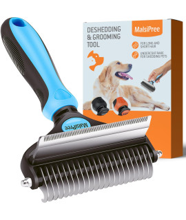 MalsiPree Dog Grooming Brush for Shedding - 2 in 1 Deshedding Tool and Undercoat Rake for Long and Short Haired Dogs with Double Coat - Dematting Comb and Pet Hair Deshedder Supplies (Large, Blue)