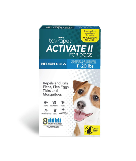 TevraPet Activate II Flea and Tick Prevention for Dogs Medium Dogs 11-20 lbs Fast Acting Flea Drops 8 Month Supply Vet Quality Protection