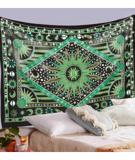 ANJANIYA Burning Sun Tie Dye Tapestry, celestial Sun Moon Star Planet Bohemian Twin Tapestry Tarot card Wall Hanging Boho Tapestry Hippie Hippy Tapestry Beach coverlet curtain (green, 55X85)