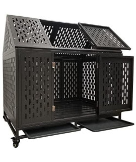 Heavy Duty Dog Crate Cage Kennel, Roof Large Strong Metal Playpen for Large Medium Dogs with Four Sturdy Locks and Four Lockable Wheels, 45''/Black