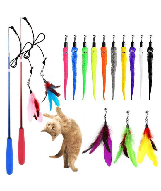 OODOSI Cat Toy Wand, Retractable Cat Feather Toys and Replacement Refills with Bells, Interactive Cat Toys for Cat Kitten Exercise