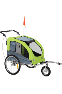 Aosom Dog Bike Trailer 2-in-1 Pet Stroller with Canopy and Storage Pockets, Green