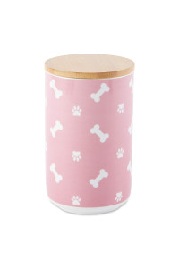 Bone Dry Ceramic Canister for Pet Treats Bamboo Twist to Close Lid, Dishwasher Safe, Keep Dog & Cat Food Safe and Dry, Treat Jar, 4x6.5, Rose Paw & Bone