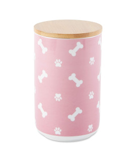 Bone Dry Ceramic Canister for Pet Treats Bamboo Twist to Close Lid, Dishwasher Safe, Keep Dog & Cat Food Safe and Dry, Treat Jar, 4x6.5, Rose Paw & Bone