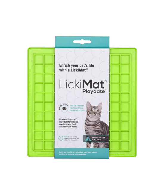 Lickimat Classic Playdate, Cat Slow Feeder Lick Mat, Boredom Anxiety Reducer; Perfect for Food, Treats, Yogurt, or Peanut Butter. Fun Alternative to a Slow Feed Cat Bowl or Dish, Green