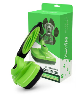 Mighty Paw Dog Grooming Brush Durable Self-Cleaning Pet Brush. 100% Stainless Steel Soft Bent Bristles. Great For Removing Hair, Mats, & Tangles. Soft Ergonomic Handle For Extra Comfort (Green)