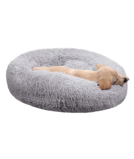 BODISEINT Faux Fur Dog Bed Cat Bed,Shag Round Anti-Anxiety Pet Calming Bed Doughnut Cuddler for Medium Large Puppy Dog Cat Kennel Cushion Self Warming Bed (28'' D x 8 H, Light Grey)